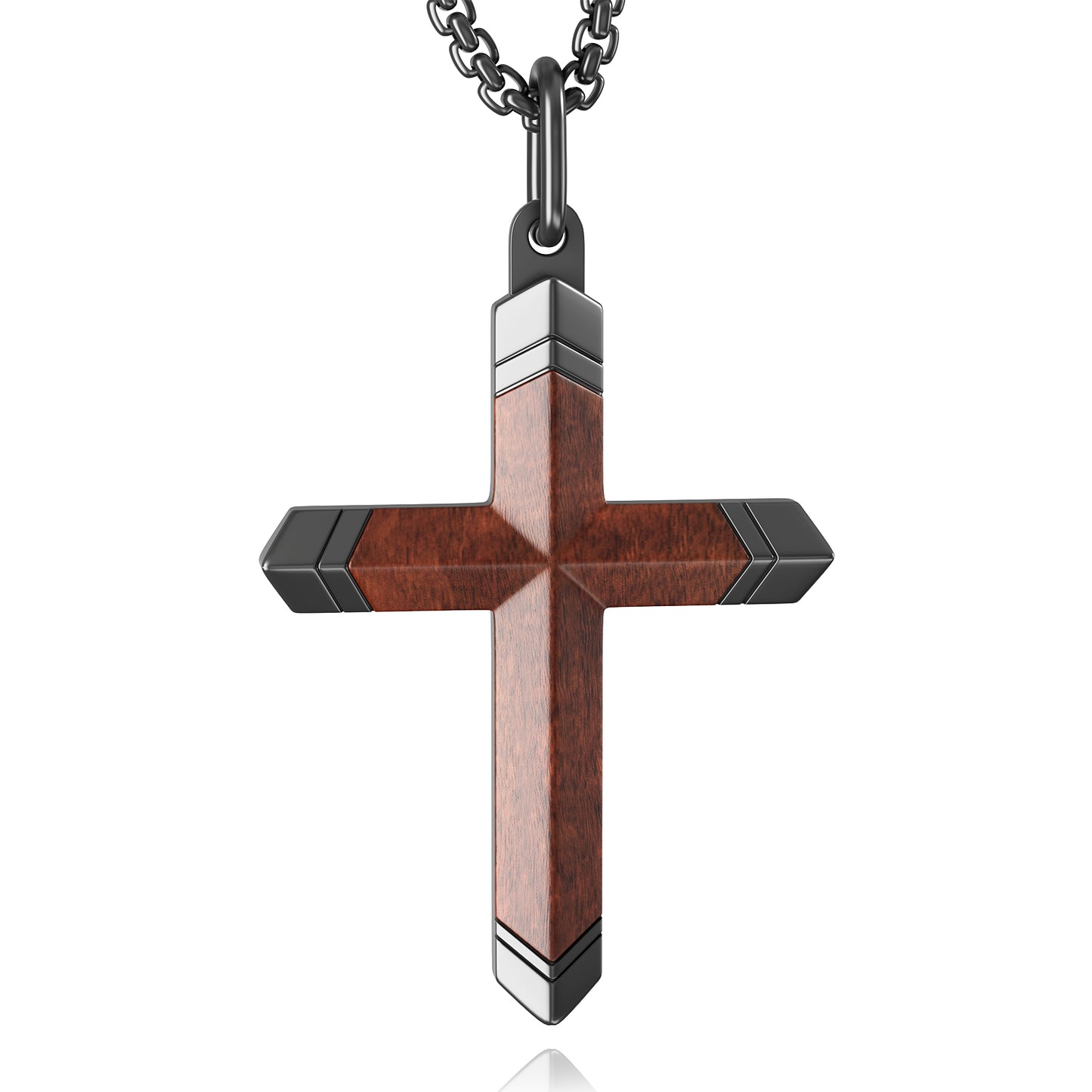 Wooden Cross Necklace for Men and Women 304L Stainless Steel Durable Snag-Free 24" Box Chain with Reinforced Clasp Christian Jewelry Gift for Dad/Son/ Husband /Loves/Friends on Christmas/Easter/Birthday/Father's Day