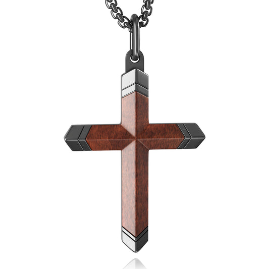 Wooden Cross Necklace for Men and Women 304L Stainless Steel Durable Snag-Free 24" Box Chain with Reinforced Clasp Christian Jewelry Gift for Dad/Son/ Husband /Loves/Friends on Christmas/Easter/Birthday/Father's Day
