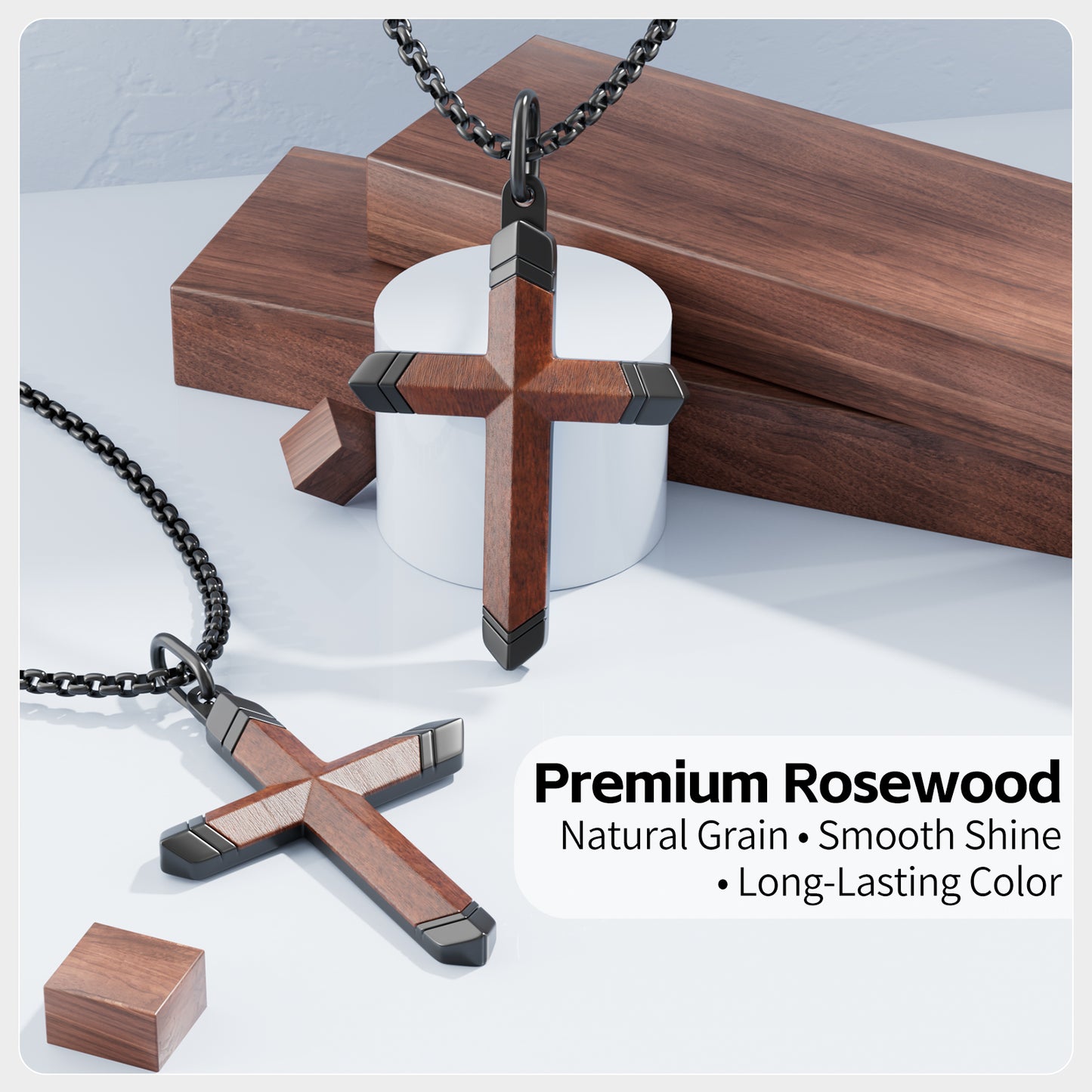 Wooden Cross Necklace for Men and Women 304L Stainless Steel Durable Snag-Free 24" Box Chain with Reinforced Clasp Christian Jewelry Gift for Dad/Son/ Husband /Loves/Friends on Christmas/Easter/Birthday/Father's Day