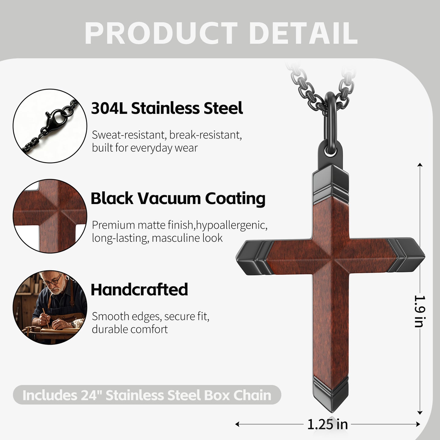 Wooden Cross Necklace for Men and Women 304L Stainless Steel Durable Snag-Free 24" Box Chain with Reinforced Clasp Christian Jewelry Gift for Dad/Son/ Husband /Loves/Friends on Christmas/Easter/Birthday/Father's Day