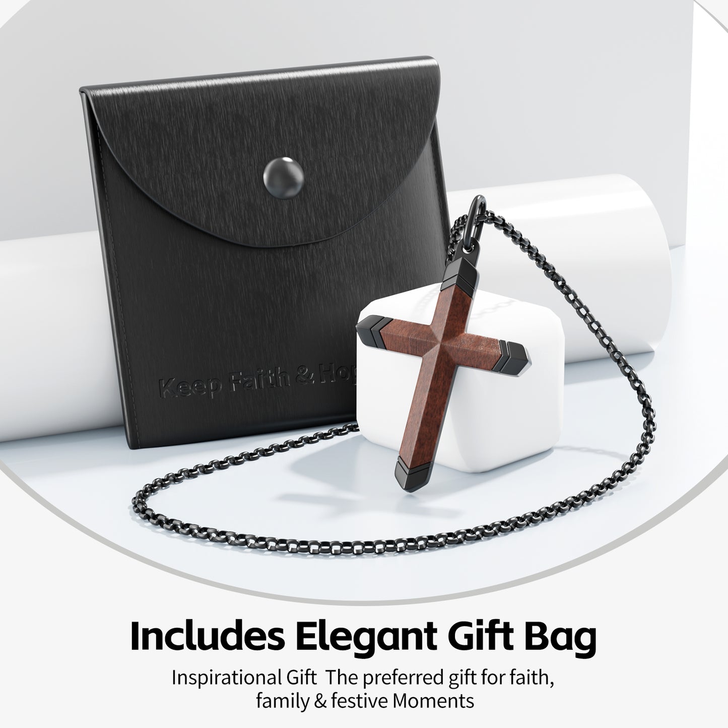 Wooden Cross Necklace for Men and Women 304L Stainless Steel Durable Snag-Free 24" Box Chain with Reinforced Clasp Christian Jewelry Gift for Dad/Son/ Husband /Loves/Friends on Christmas/Easter/Birthday/Father's Day