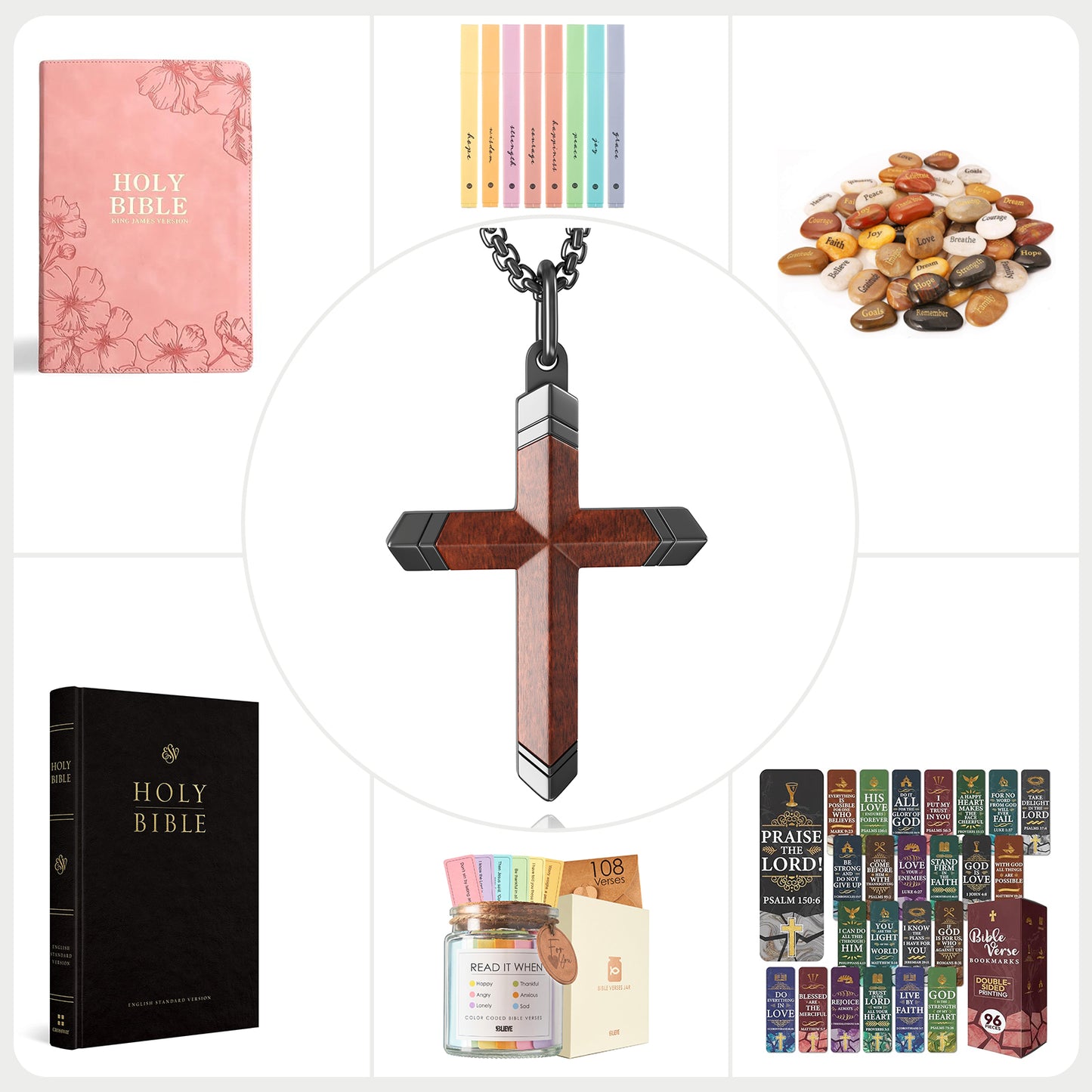 Wooden Cross Necklace for Men and Women 304L Stainless Steel Durable Snag-Free 24" Box Chain with Reinforced Clasp Christian Jewelry Gift for Dad/Son/ Husband /Loves/Friends on Christmas/Easter/Birthday/Father's Day