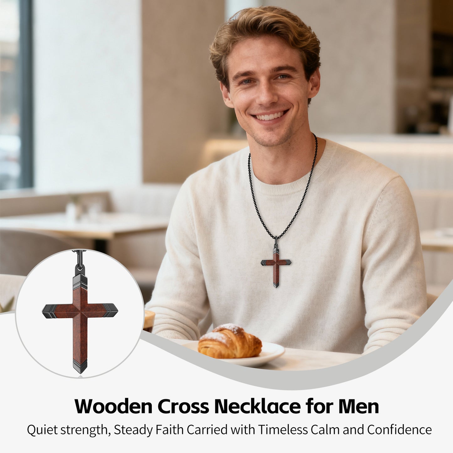 Wooden Cross Necklace for Men and Women 304L Stainless Steel Durable Snag-Free 24" Box Chain with Reinforced Clasp Christian Jewelry Gift for Dad/Son/ Husband /Loves/Friends on Christmas/Easter/Birthday/Father's Day