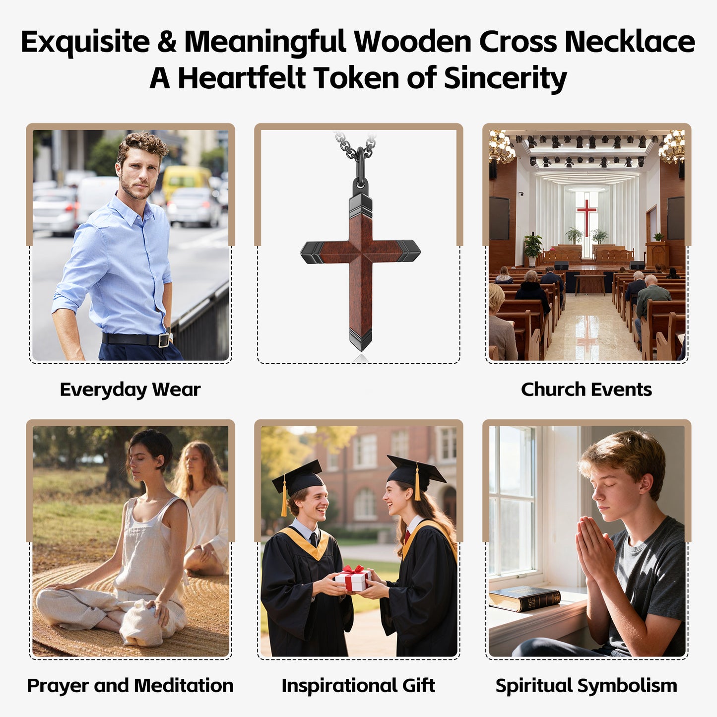 Wooden Cross Necklace for Men and Women 304L Stainless Steel Durable Snag-Free 24" Box Chain with Reinforced Clasp Christian Jewelry Gift for Dad/Son/ Husband /Loves/Friends on Christmas/Easter/Birthday/Father's Day